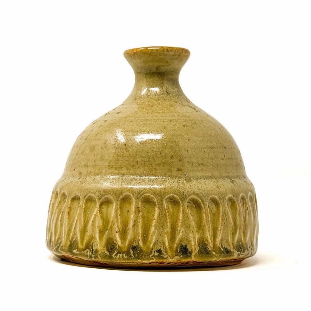 Studio Pottery Vase Oatmeal Glaze Carved Bud Vase Mid Century Modern Style
